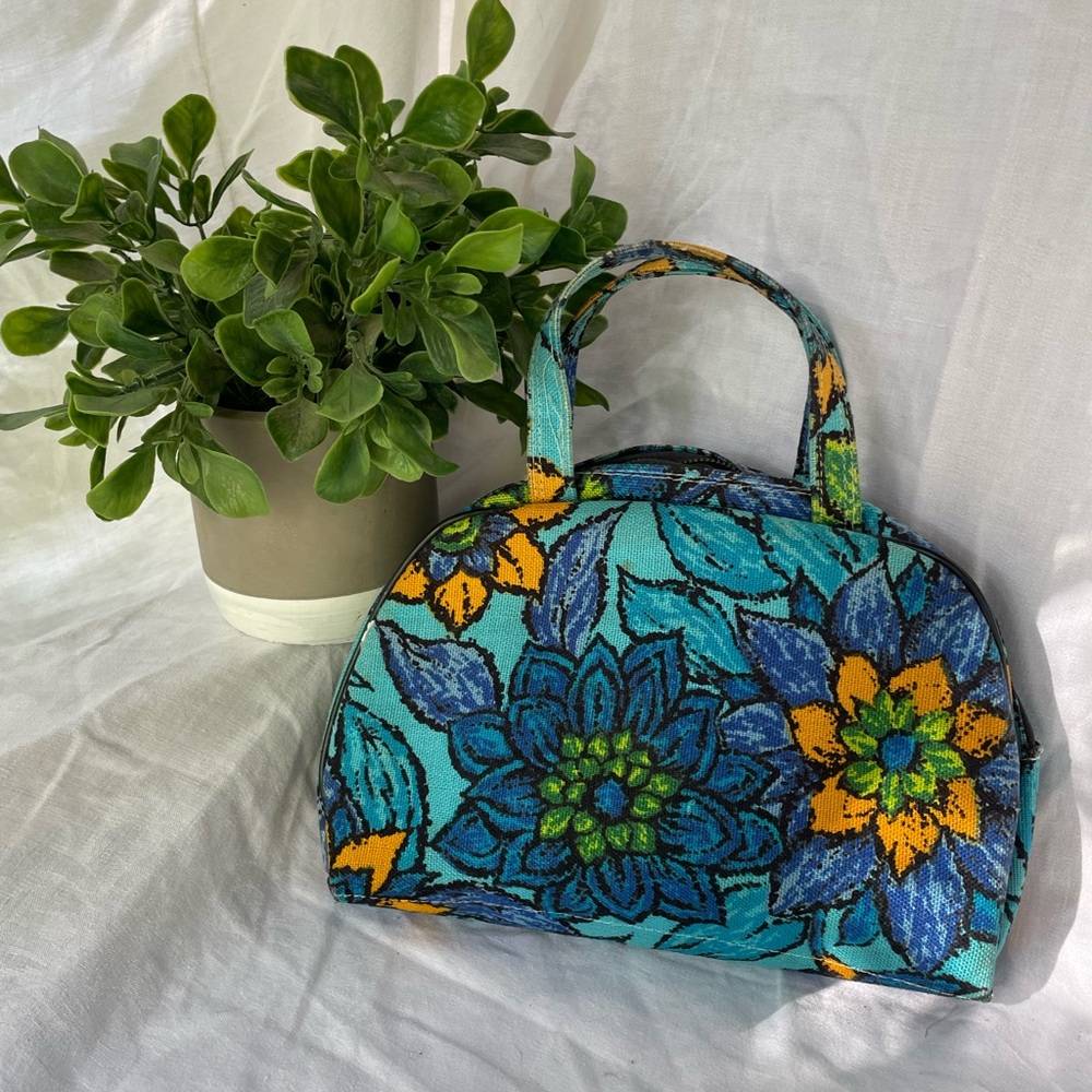 Unique Vintage Blue and Yellow Floral Cosmetic Bag